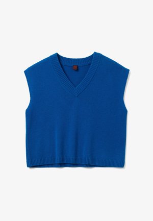 Blauer ärmelloser Pullover mit V-Ausschnitt, geripptem Hals- und Saumabschluss. Weiche Textur und cropped Design für einen figurbetonten Look.