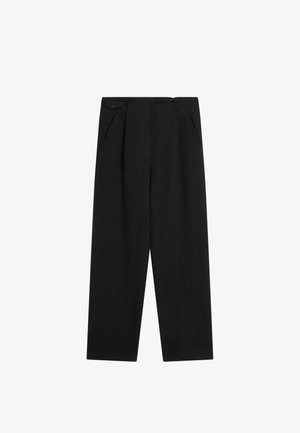 Schwarze, weit geschnittene Hose mit vorderen Knöpfen und schrägen Taschen, mit einem minimalistischen und maßgeschneiderten Design.