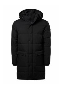 Schwarze gepolsterte Parkajacke mit Kapuze, ausgestattet mit einem Reißverschluss, zwei vorderen Taschen und einer strukturierten Stoffoberfläche.