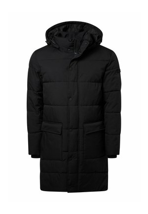 Schwarze gepolsterte Parkajacke mit Kapuze, ausgestattet mit einem Reißverschluss, zwei vorderen Taschen und einer strukturierten Stoffoberfläche.