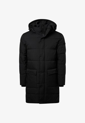 Zwarte gewatteerde parka jas met een capuchon, voorzien van een ritssluiting, twee voorkezen en een gestructureerde stofafwerking.