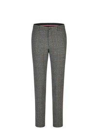 Grijze op maat gemaakte broeken met een subtiele ruitprint, gemaakt van geweven stof, met een rechte snit, riemlussen en een knoopsluiting aan de voorkant.