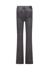 Jeans acampanados de color gris oscuro con una textura suave, que presentan dos bolsillos traseros y costuras en contraste. Cintura reforzada con un detalle de etiqueta.