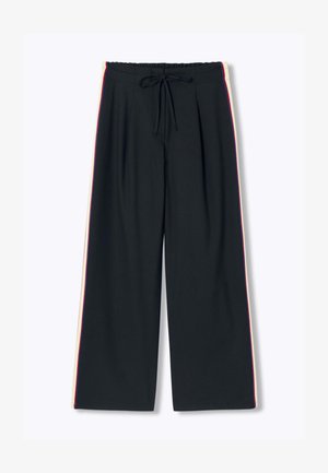 Pantalon large noir avec taille élastique et cordon de serrage, équipé de bandes latérales blanches et rouges.