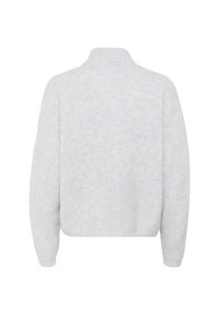 Hellgrauer Strickpullover mit hohem Kragen, überschnittenen Schultern und strukturierter Rippenoptik. Kurz geschnittenes Design mit langen Ärmeln und minimalen Details.