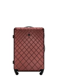 Valigia rigida di colore rosso-marrone con un motivo a rombi, dotata di manico telescopico e quattro ruote per la mobilità.