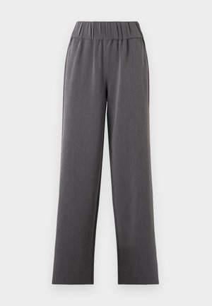 Grijze wijde broek met een elastische tailleband, voorzien van een gladde textuur en subtiele verticale strepen, ontworpen voor comfort en gebruiksgemak.