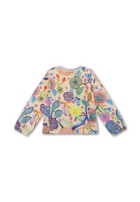 Langarmshirt in pastelcrème met kleurrijke bloemmotieven, ronde halslijn en elastische manchetten. Zacht materiaal met een gestructureerde afwerking.