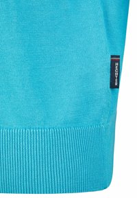 Helles blaues Strickpullover mit geripptem Saum und Bündchen. Hat ein kleines rechteckiges Etikett mit "HECHTER" in Weiß auf schwarzem Hintergrund.