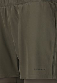 Dunkelgrüne Sportshorts aus leichtem Material mit einem elastischen Bund und dem Logo der Marke "ENDURANCE" nahe dem Saum.