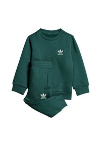 Zielony dres z bawełnianego polaru, składający się z bluzy z okrągłym dekoltem i dopasowanych spodni dresowych, ozdobiony haftowanym białym logo Adidas.