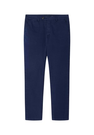 Pantaloni chinos blu navy con una texture liscia, dotati di chiusura con bottone e cerniera, due tasche laterali e una vestibilità sartoriale.