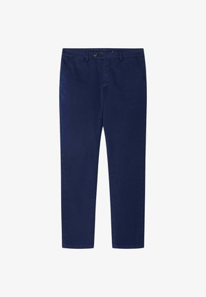 Marineblaue Chinos mit glatter Textur, ausgestattet mit Knopf- und Reißverschluss, zwei Seitentaschen und schmaler Passform.