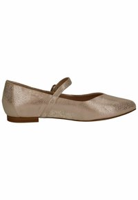Ballerine in un rosa dorato metallico, con punta affusolata e una sola fascia sul collo del piede. Texture liscia con leggeri puntini.