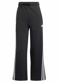Schwarze Jogginghosen aus weichem Material, mit einem Kordelzugbund, Seitentaschen und weißen seitlichen Streifen zur Akzentuierung.