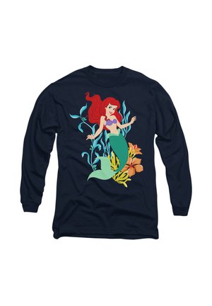 Long-sleeve navy shirt featuring a colorful mermaid design with red hair, purple top, green tail, and surrounded by aquatic plants and flowers.