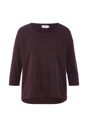 Dunkelburgunderfarbener Dreiviertelarm-T-Shirt mit rundem Ausschnitt und geschwungener Säume, aus einem weichen Baumwollmix gefertigt.