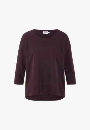 Dunkelburgunderfarbener Dreiviertelarm-T-Shirt mit rundem Ausschnitt und geschwungener Säume, aus einem weichen Baumwollmix gefertigt.