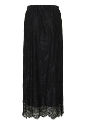 Must mustrakkega midi seelik, millel on sakilised äärised ja lillemuster, silikoonist vöökoht.