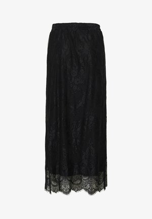 Black lace midi skirt with scalloped hem and floral pattern, featuring an elastic waistband.