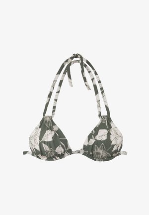Triangelastek bikini zgoraj v temno zeleni tkanini, z belimi cvetličnimi vzorci, z nastavljivimi trakovi na vratu in hrbtu ter nabranimi detajli na prsih.