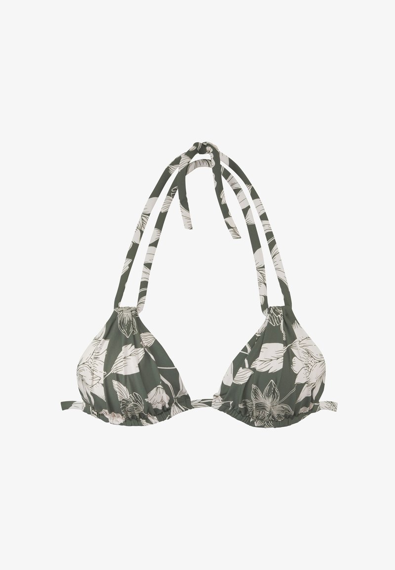 Trikampis bikini viršus tamsiai žalias audinys, puošnias baltais gėlių raštais, reguliuojamos raišteliai kakle ir nugaroje, bei susiraukšlės detalės krūtinėje.