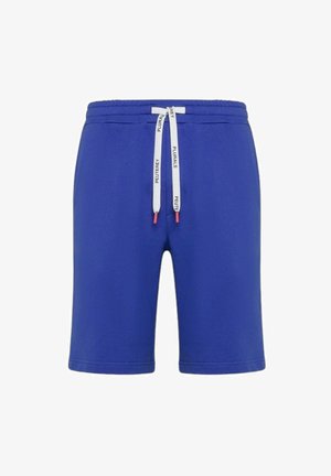 Pantalones cortos azules hasta la rodilla con cintura elástica y cordón blanco con texto negro y puntas rojas.