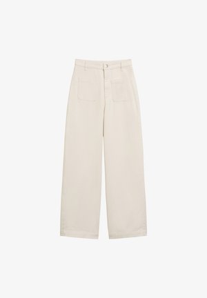Beige wijde broek van katoen, met een rits en knoopsluiting, twee achterzakken en een ontspannen pasvorm.