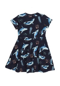 Marineblaues Kinderkleid aus weichem Stoff, mit einem Muster aus Walen und Quallen, kurzen Ärmeln und einem ausgestellten Rockdesign.