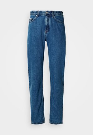 Blue straight-leg denim jeans with five pockets and front button closure on a white background.