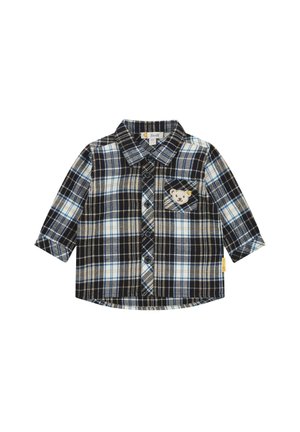 Langärmeliges Hemd für Kinder mit schwarzem, weißem und blauem Karomuster und einem kleinen Bärenkopf-Patch auf der Brusttasche.