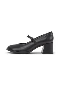 Black leather Mary Jane shoe with a rounded toe, adjustable strap, and chunky block heel, shown in side profile on white background.