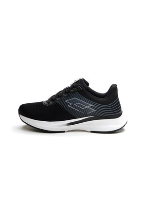 Black athletic shoe with a textured upper, white sole, and silver accent lines. Features lace-up design and padded collar for comfort.