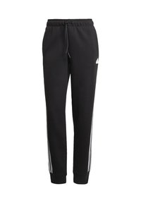 Čierne športové nohavice vyrobené z bavlneného zmesi, s plisovaným pásom a bielymi bočnými pruhmi. Stiahnuté na členkoch s mäkkou textúrou.