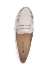 Light beige leather loafer with a decorative strap, rounded toe, stitched detailing, and a flat white rubber sole. "Gabor" branding inside.