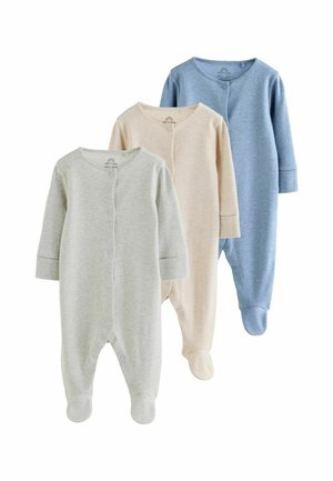 Tre langærmede babybodysuits med foddækning i grå, beige og blå, arrangeret overlappende på en hvid baggrund.