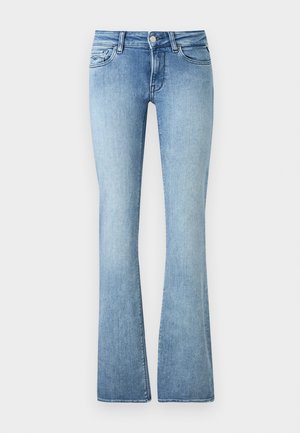 Φωτεινό μπλε τζιν με ψηλή μέση, μπροστινό κουμπί και φερμουάρ, πέντε τσέπες και ελαφρώς φαρδιά μπατζάκια.