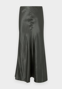 Μεσαία φούστα από σκούρο γκρι σατέν, ελαφρώς φαρδιά, με κεντρικό κάθετο ραφή, σε λευκό φόντο.