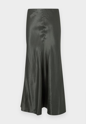 Dunkelgrauer Satin-Midirock mit leichtem Ausstellungschnitt und mittigem, vertikal verlaufendem Nahtdetail vor weißem Hintergrund.