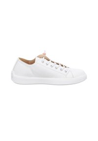Weiße Sneaker mit strukturiertem Lederoberteil, runder Zehe, Schnürung und Gummisohle. Weiches, hellbraunes Innenfutter und bunter Zuglasche an der Ferse.