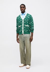 Cardigã verde tricotado com uma pala frontal branca e retalhos, apresentando uma impressão divertida. Camisa de botão azul clara, calças jeans largas e ténis.