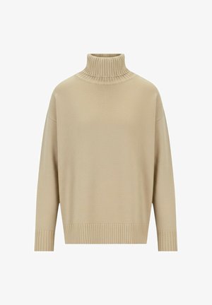 Maglione a collo alto beige realizzato in tessuto a maglia a coste. Presenta una forma rilassata con maniche lunghe e polsini e orlo a coste per una maggiore consistenza.