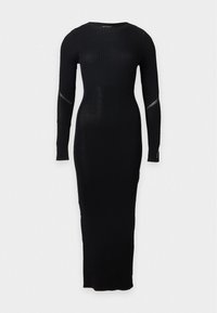 Robe longue noire moulante à manches longues côtelées, avec un col rond et des détails de couture subtils sur les manches.