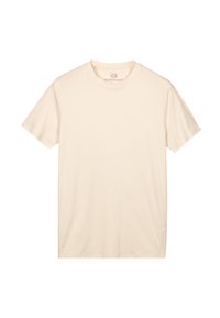 Beige T-Shirt mit kurzen Ärmeln aus weichem Stoff, mit Rundhalsausschnitt und dezentem Logo im Nackenbereich. Keine Muster oder Verzierungen.