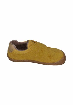 Yellow felt slip-on shoe with brown rubber sole and cushioned gray interior lining, designed for comfort and easy wear.
