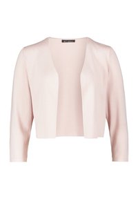 Světl růžový krátký kardigan se tříčtvrtečními rukávy, vyrobený z měkké pleteniny, s otevřeným předním dílem a hladkou texturou.