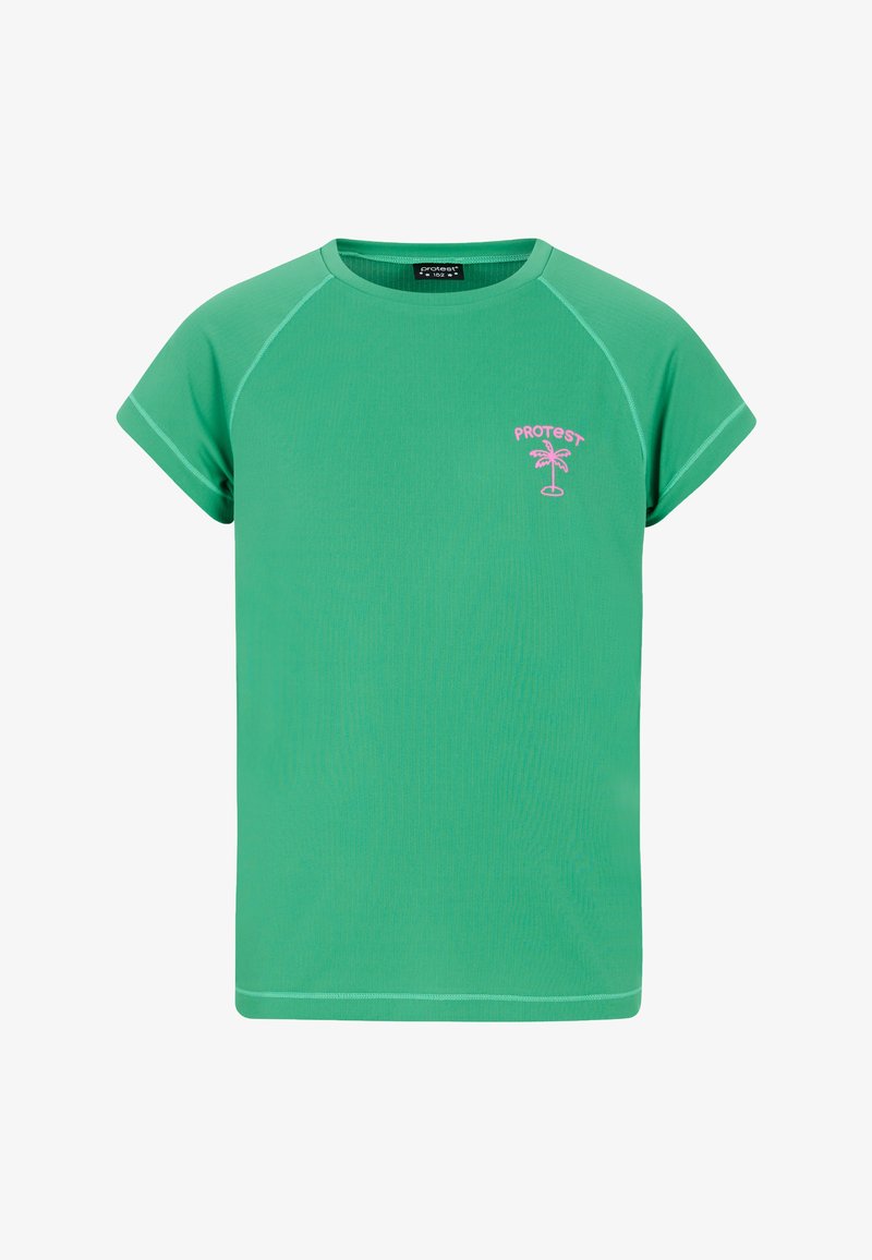 Zelena majica kratkih rukava od glatke tkanine, s grafikom ružičaste palme i kontrastnim šavovima duž šavova.