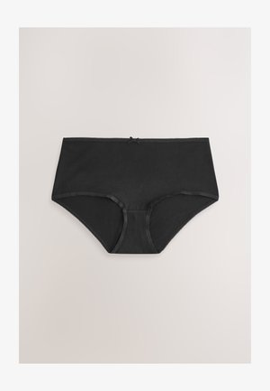 Schwarze Baumwoll-Hochtaillenslips mit zarter Spitzenverzierung, ausgestattet mit einer kleinen Schleife in der vorderen Mitte und einer glatten Textur.