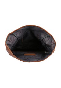 Sac à main en cuir marron avec un intérieur spacieux en gris, doublé d'un tissu imperméable. Comprend une poche zippée et un logo embossé.