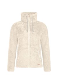 Crème-kleurige fleecejack met een hoge kraag, volledige ritssluiting, aantrekkoord en twee zijzakken. Zachte, gestructureerde stofafwerking.